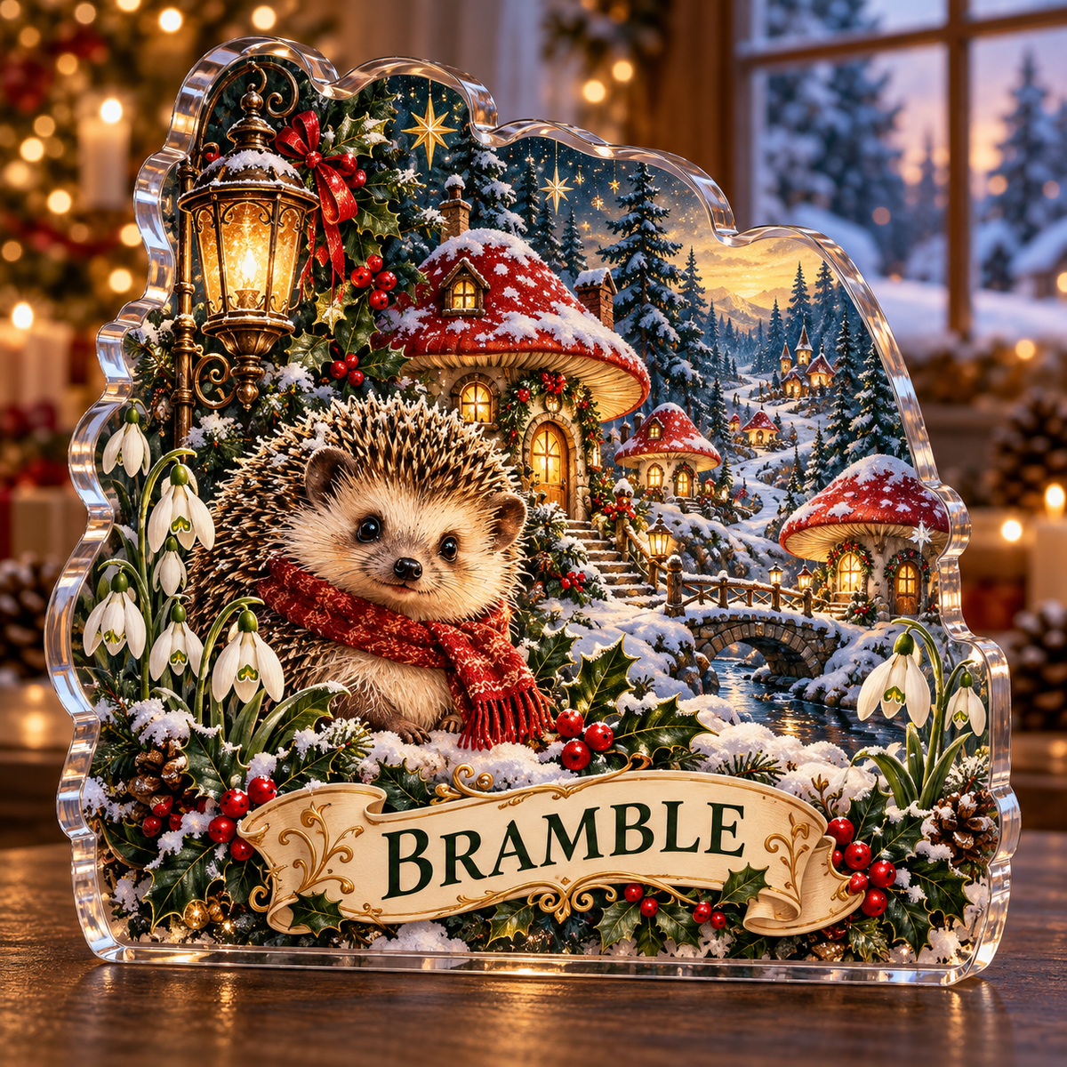 Front-view digital preview of a personalized Christmas hedgehog mushroom village acrylic plaque with example name BRAMBLE