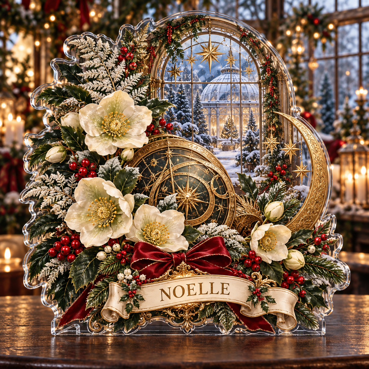 Front-view digital preview of a personalized Christmas hellebore astrolabe garden acrylic plaque with example name NOELLE