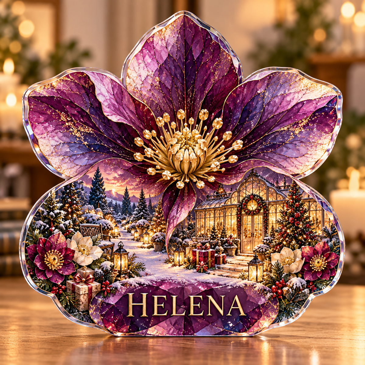 Front-view digital preview of a Christmas amethyst hellebore acrylic plaque with example name HELENA integrated into the lowest petal facets