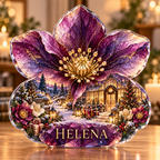 Front-view digital preview of a Christmas amethyst hellebore acrylic plaque with example name HELENA integrated into the lowest petal facets