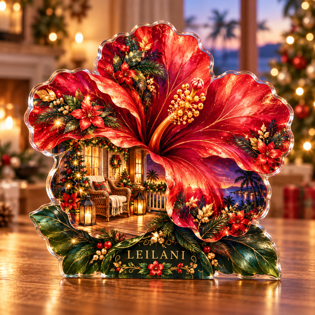 Front-view digital preview of a Christmas hibiscus ruby veranda acrylic plaque with example name Leilani integrated into the lower intrinsic hibiscus leaf detail