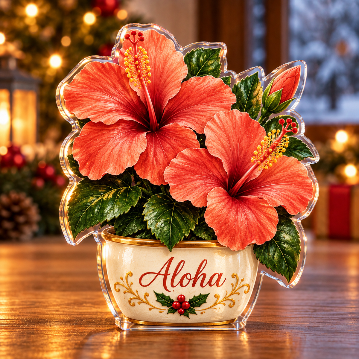 Front-view digital preview of a Christmas hibiscus coral glow acrylic plaque with example name Aloha integrated into the illustrated pot front name panel