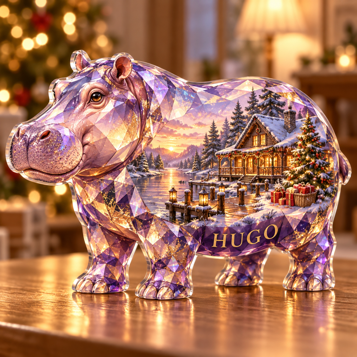 Front-view digital preview of a Christmas hippo amethyst riverlodge acrylic plaque with example name HUGO integrated into the lower flank facets