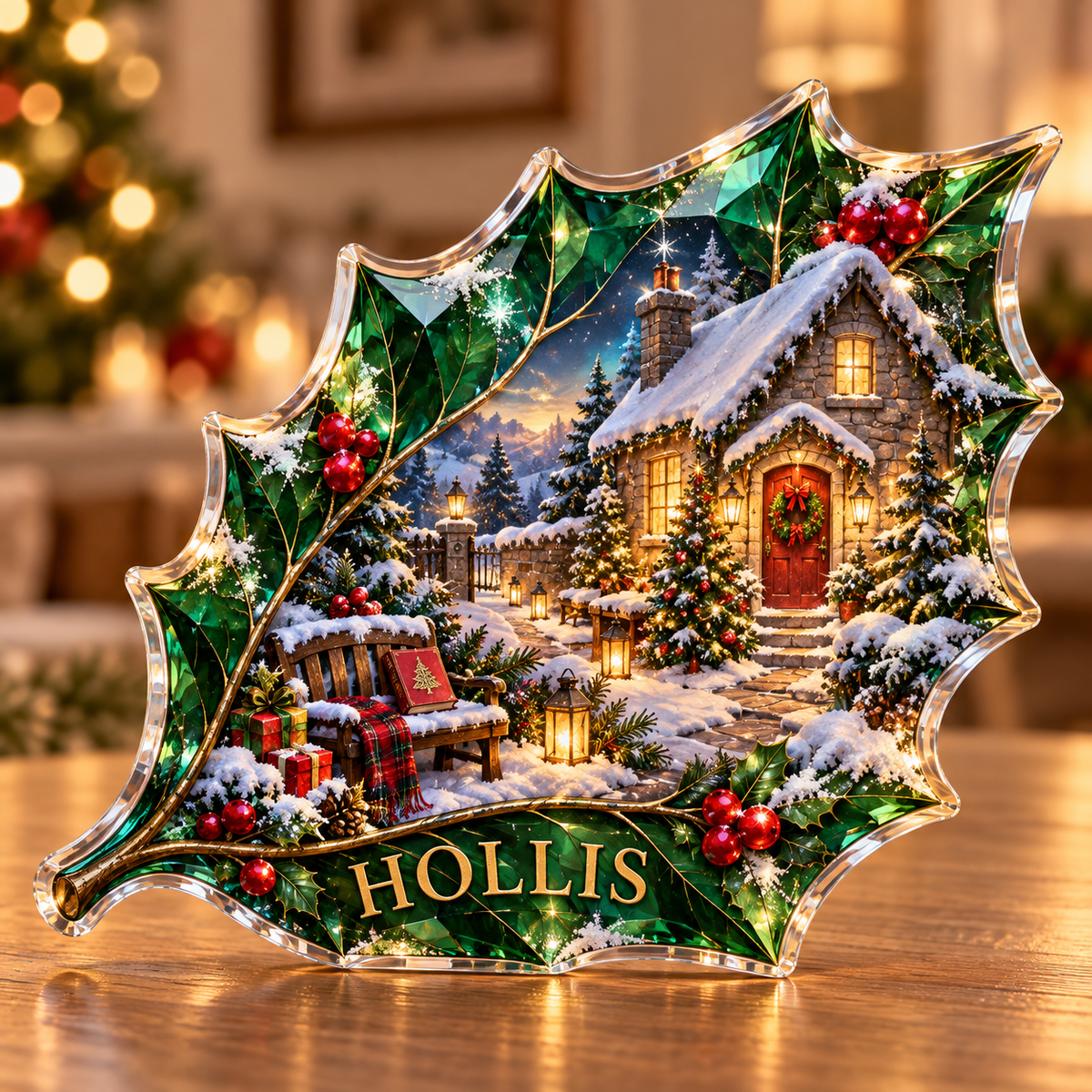 Front-view digital preview of a Christmas holly leaf emerald carolcottage acrylic plaque with example name HOLLIS integrated into the lower leaf veins