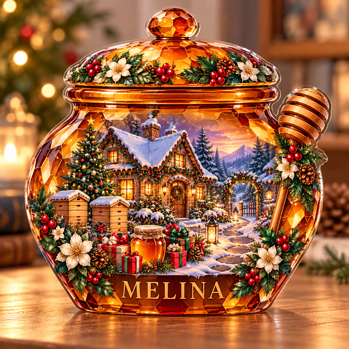 Front-view digital preview of a Christmas amber honey pot acrylic plaque with example name MELINA integrated into the lowest pot body facets