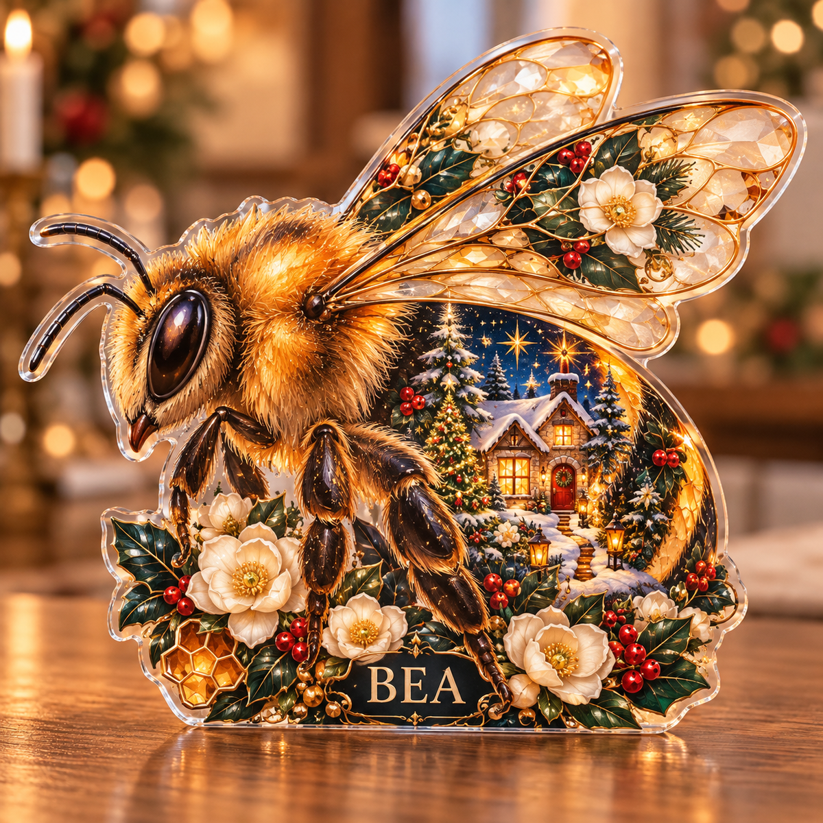 Front-view digital preview of a Christmas honeybee amber blossom acrylic plaque with example name Bea integrated into the lower bee floral detail