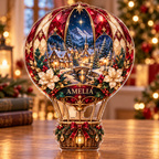 Front-view digital preview of a Christmas balloon ruby village acrylic plaque with example name Amelia integrated into the lower envelope floral detail