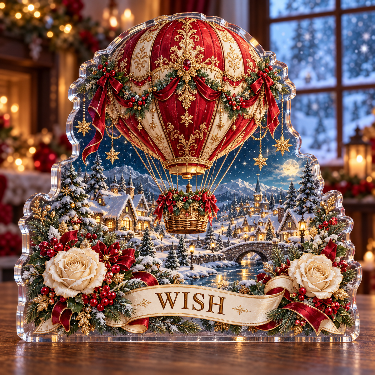 Front-view digital preview of a personalized Christmas hot air balloon village acrylic plaque with example name WISH