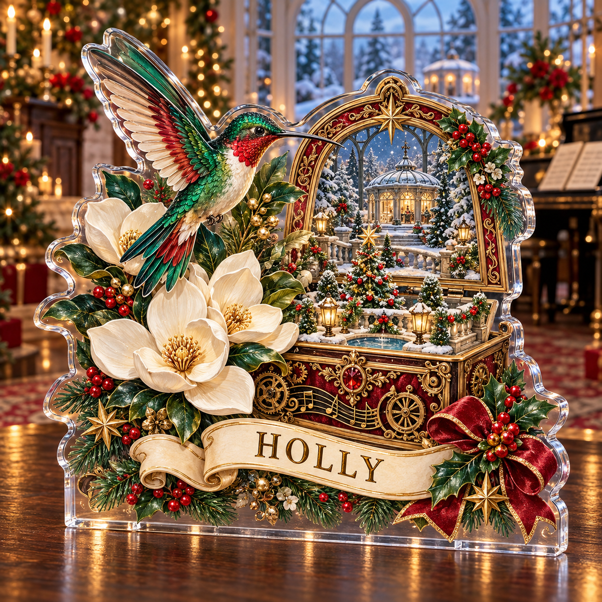Front-view digital preview of a personalized Christmas hummingbird magnolia music garden acrylic plaque with example name HOLLY