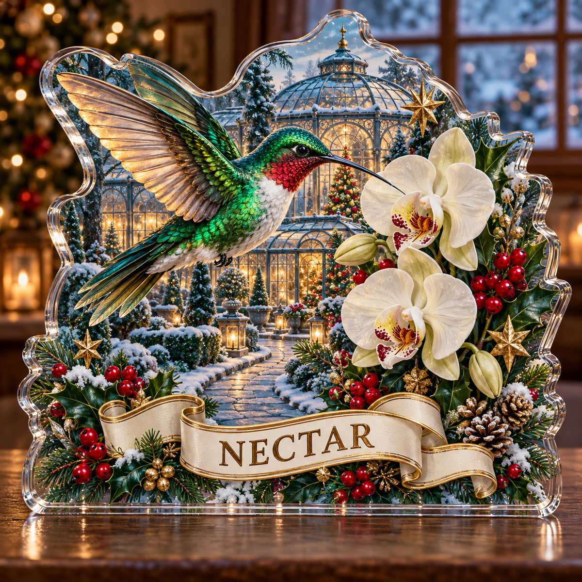 Front-view digital preview of a personalized Christmas hummingbird orchid greenhouse acrylic plaque with example name NECTAR