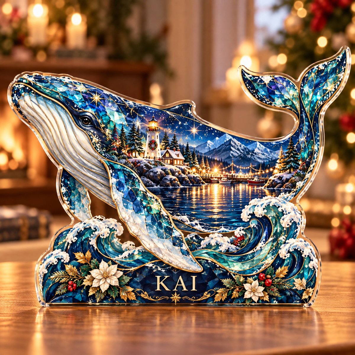 Front-view digital preview of a Christmas whale turquoise beacon acrylic plaque with example name Kai integrated into the lower wave coral detail