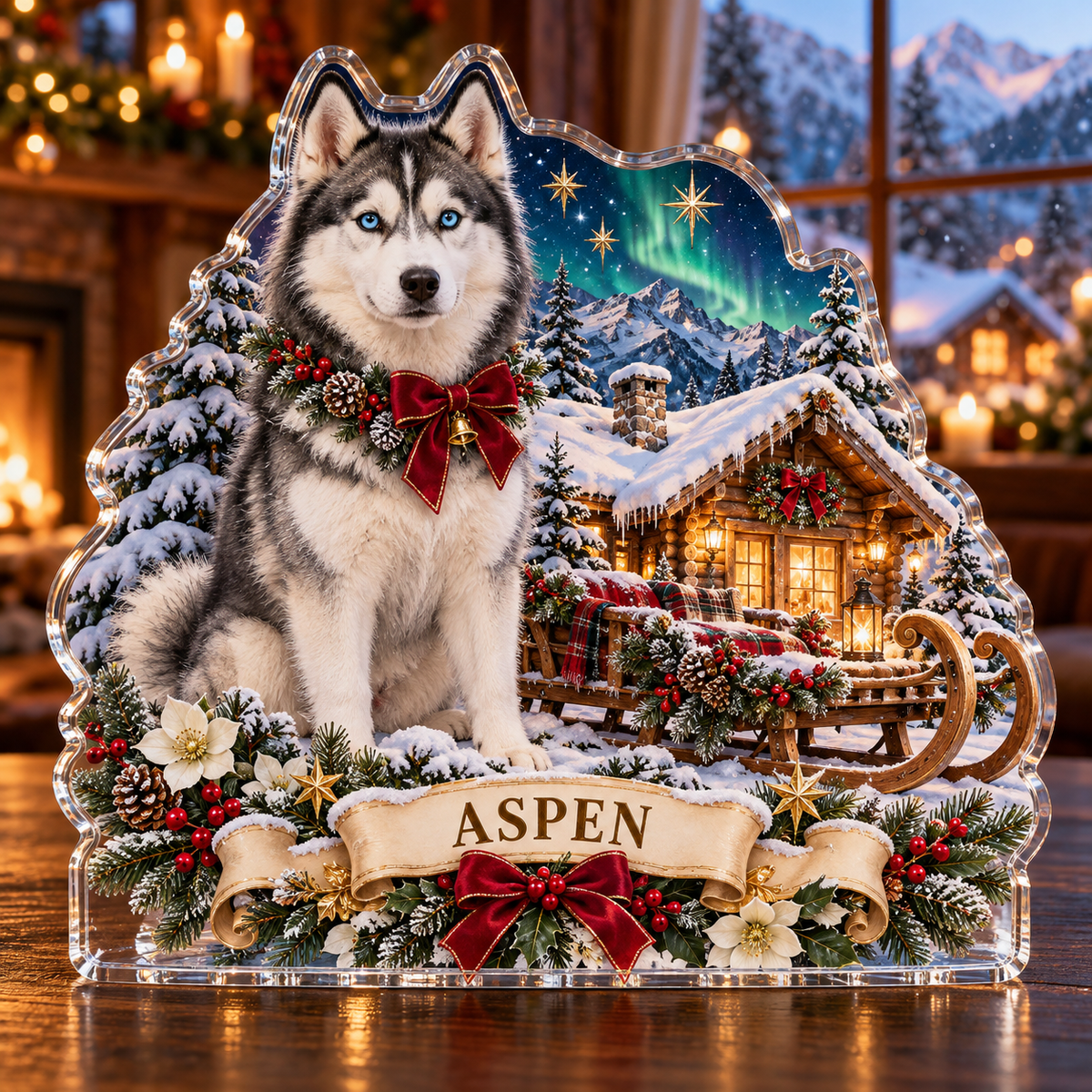 Front-view digital preview of a personalized Christmas husky aurora sled lodge acrylic plaque with example name ASPEN
