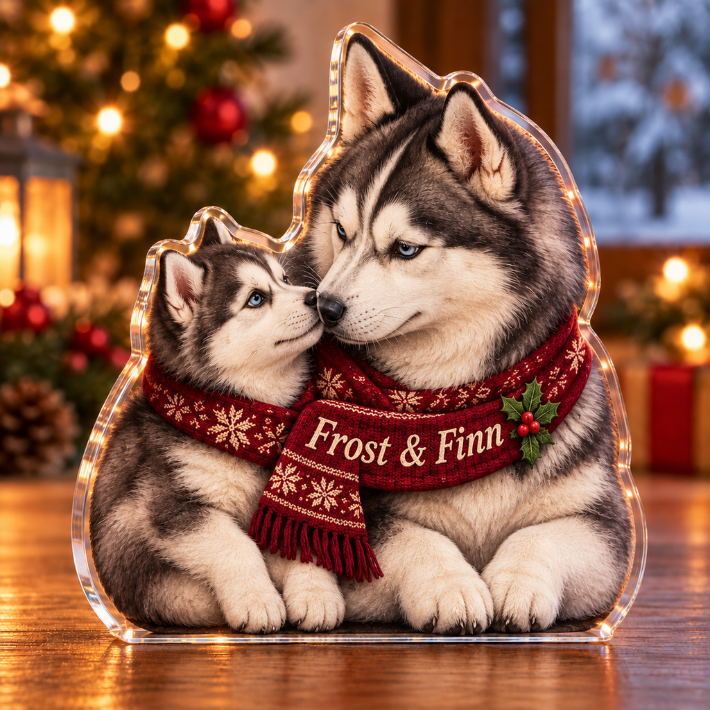 Front-view digital preview of a Christmas husky father puppy acrylic plaque with example name Frost & Finn integrated into the front scarf fold name embroidery