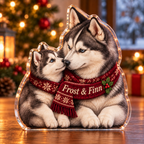 Front-view digital preview of a Christmas husky father puppy acrylic plaque with example name Frost & Finn integrated into the front scarf fold name embroidery