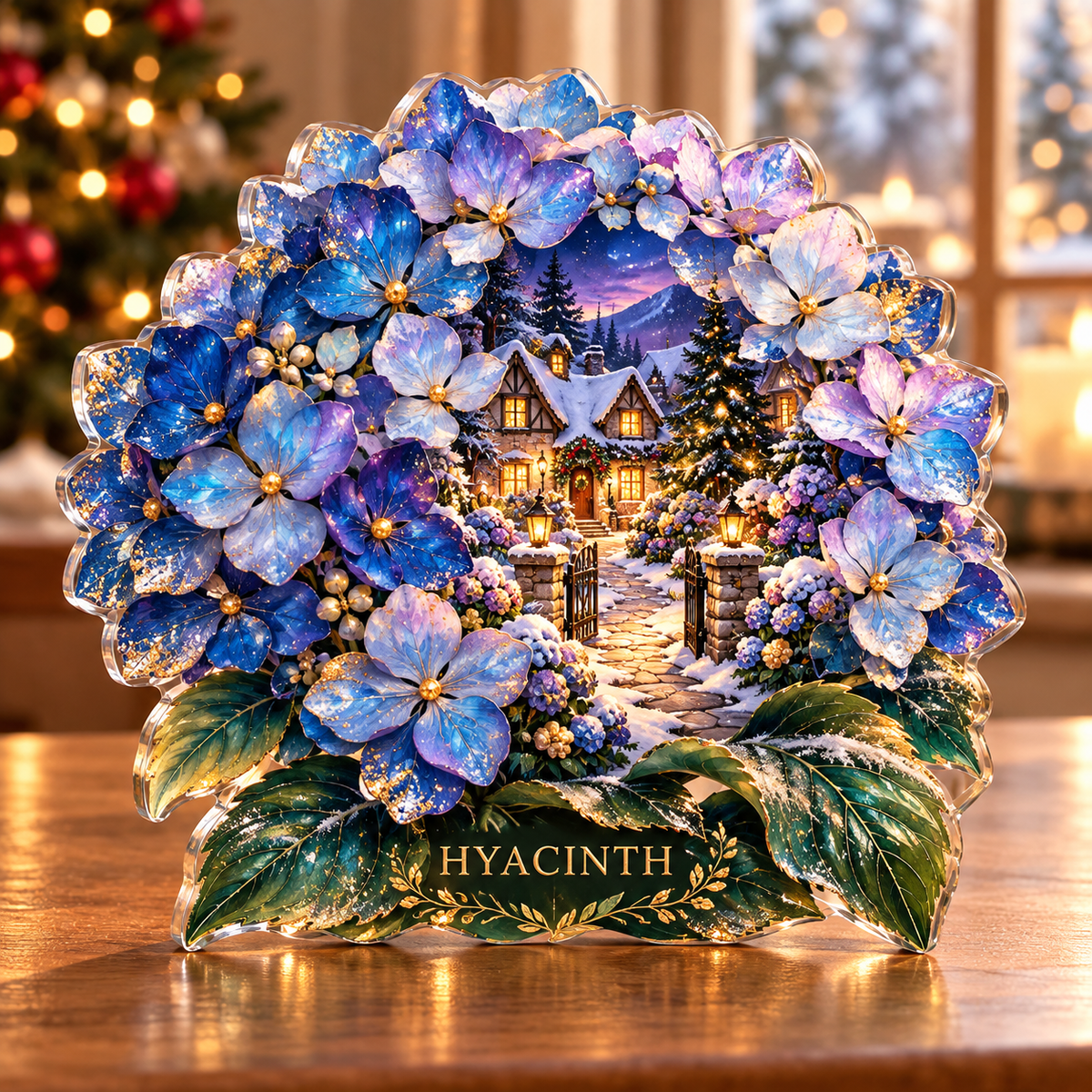 Front-view digital preview of a Christmas hydrangea sapphire cottage acrylic plaque with example name Hyacinth integrated into the lower intrinsic hydrangea leaf detail