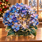 Front-view digital preview of a Christmas hydrangea sapphire cottage acrylic plaque with example name Hyacinth integrated into the lower intrinsic hydrangea leaf detail
