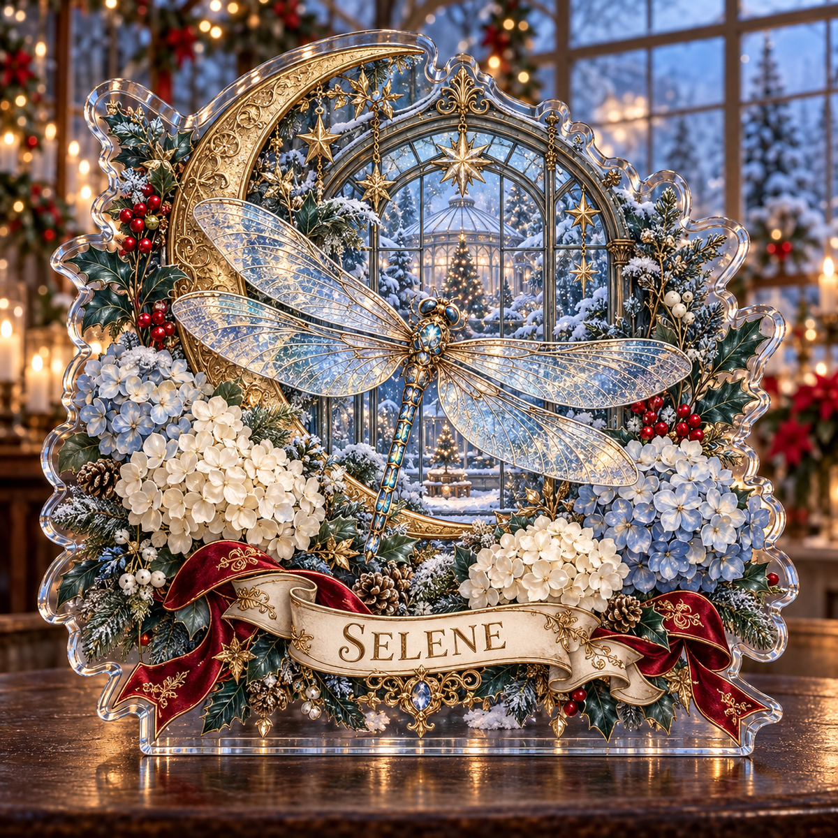 Front-view digital preview of a personalized Christmas hydrangea dragonfly moon acrylic plaque with example name SELENE