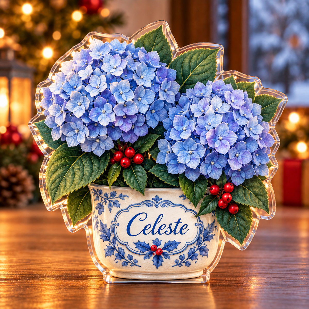 Front-view digital preview of a Christmas hydrangea blue clouds acrylic plaque with example name Celeste integrated into the illustrated pot front cartouche