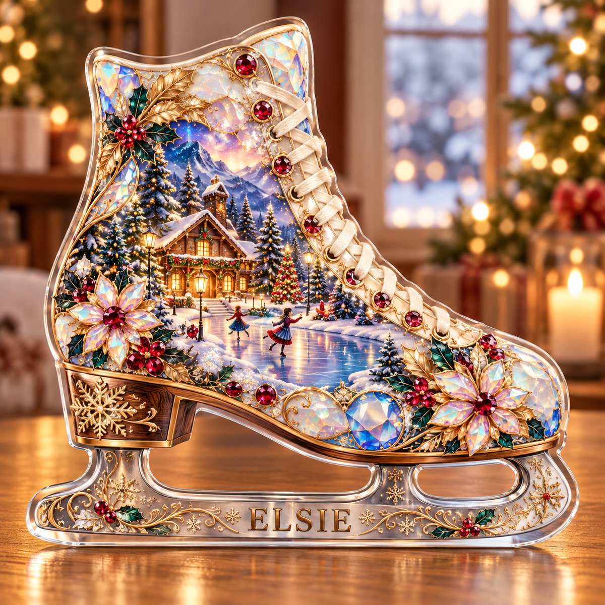 Front-view digital preview of a Christmas ice skate opal rink acrylic plaque with example name Elsie integrated into the lower intrinsic skate blade ornament