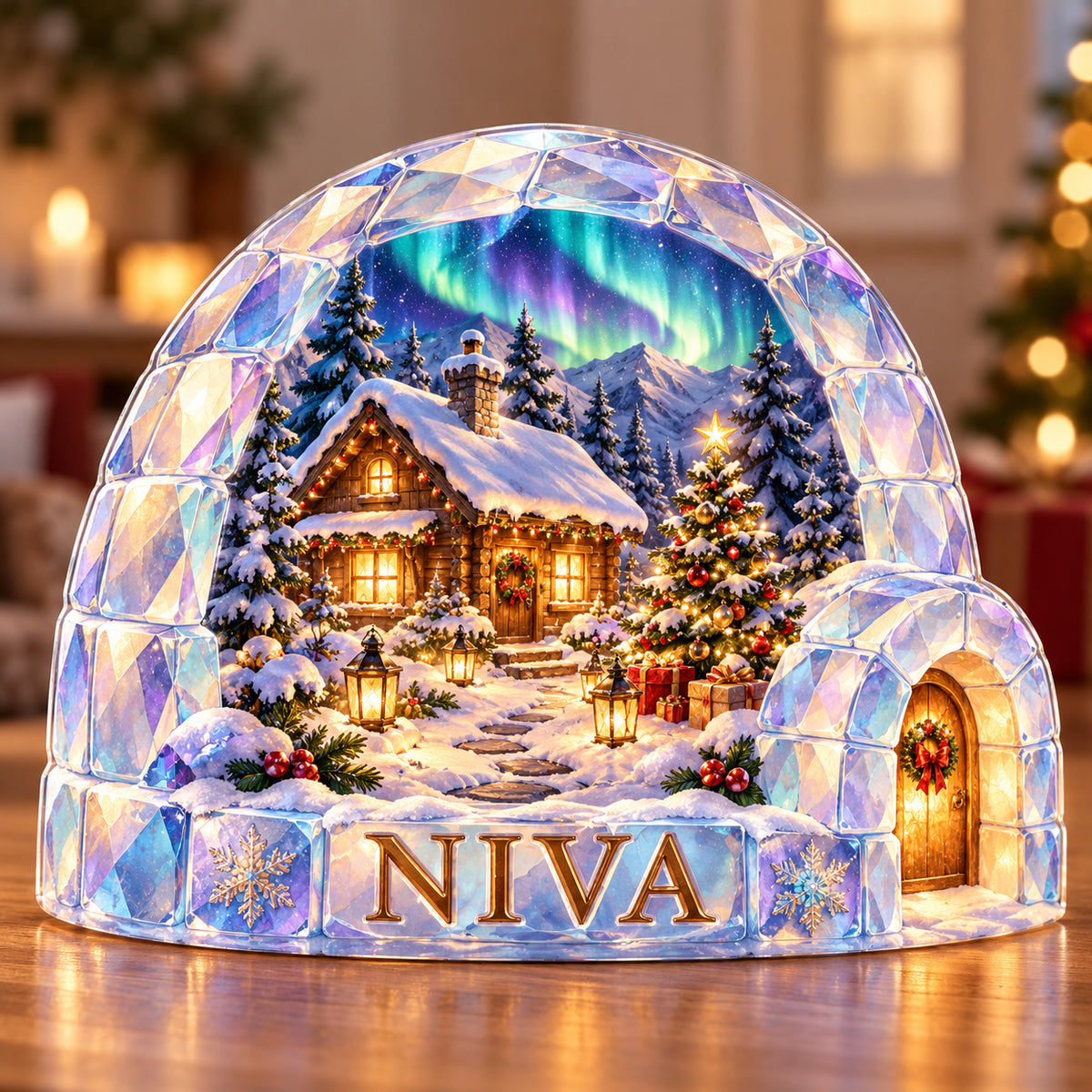 Front-view digital preview of a Christmas opal igloo acrylic plaque with example name NIVA integrated into the lowest intrinsic dome masonry