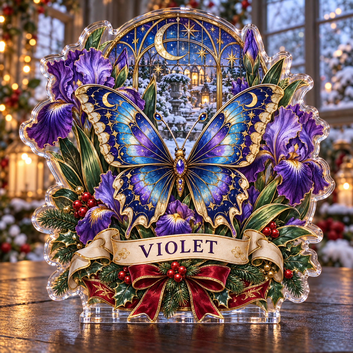 Front-view digital preview of a personalized Christmas iris butterfly celestial acrylic plaque with example name VIOLET