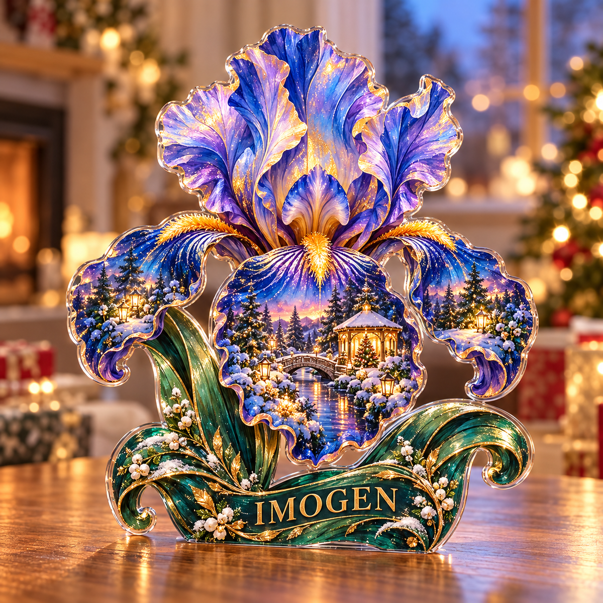 Front-view digital preview of a Christmas iris sapphire garden acrylic plaque with example name Imogen integrated into the lower intrinsic iris leaf detail