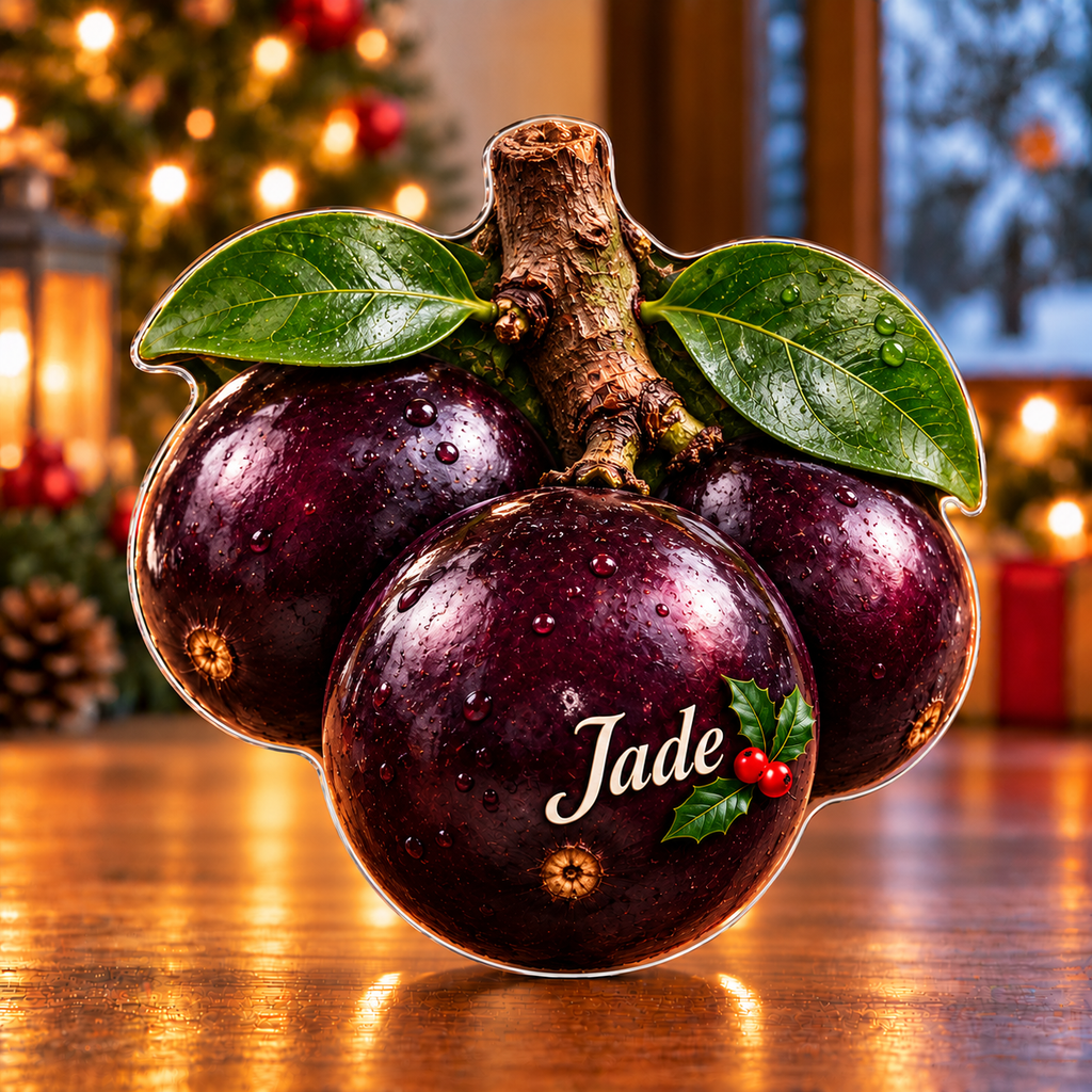 Front-view digital preview of a Christmas jaboticaba purple glow acrylic plaque with example name Jade integrated into the front fruit surface