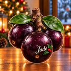 Front-view digital preview of a Christmas jaboticaba purple glow acrylic plaque with example name Jade integrated into the front fruit surface
