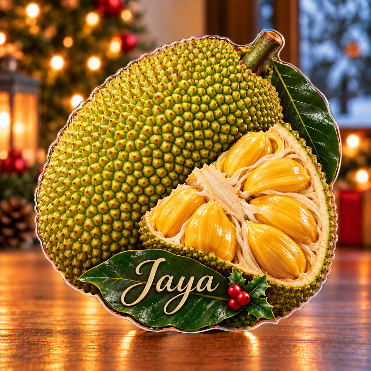 Front-view digital preview of a Christmas jackfruit golden harvest acrylic plaque with example name Jaya integrated into the broad lower leaf