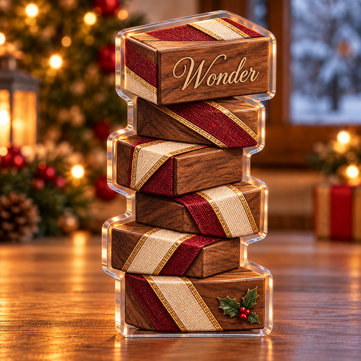 Front-view digital preview of a Christmas jacobs ladder ribbon acrylic plaque with example name Wonder integrated into the upper toy block front name panel