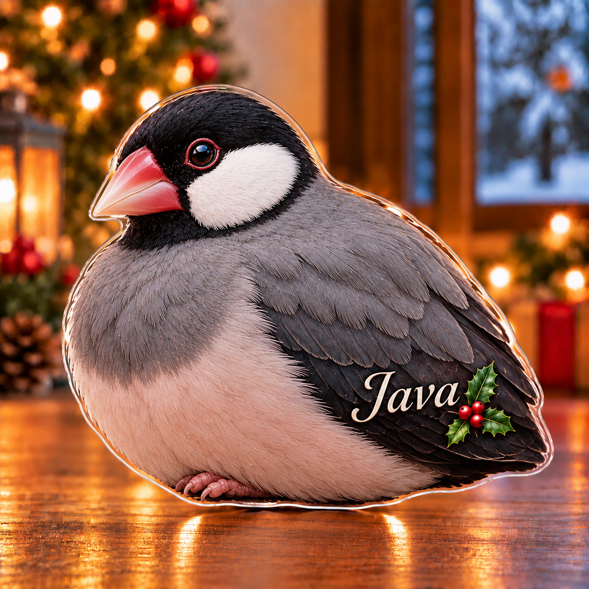 Front-view digital preview of a Christmas java sparrow rose note acrylic plaque with example name Java integrated into the lower folded wing