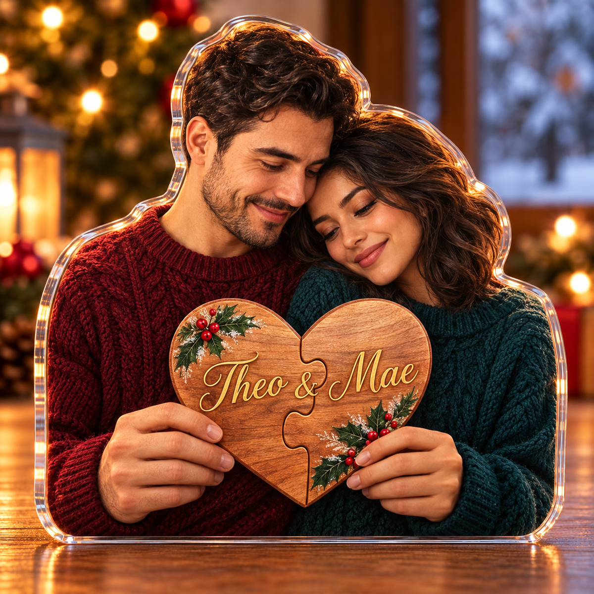 Front-view digital preview of a Christmas puzzle heart together acrylic plaque with example name Theo & Mae integrated into the the illustrated joined puzzle heart name detail