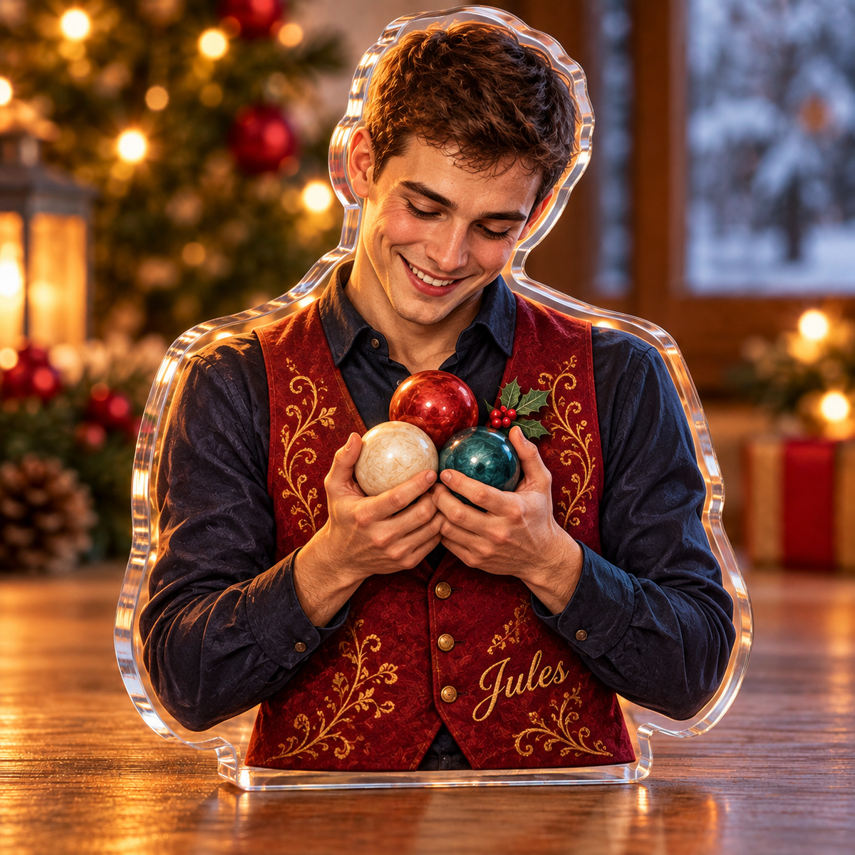 Front-view digital preview of a Christmas juggler three ball joy acrylic plaque with example name Jules integrated into the juggler waistcoat front name embroidery