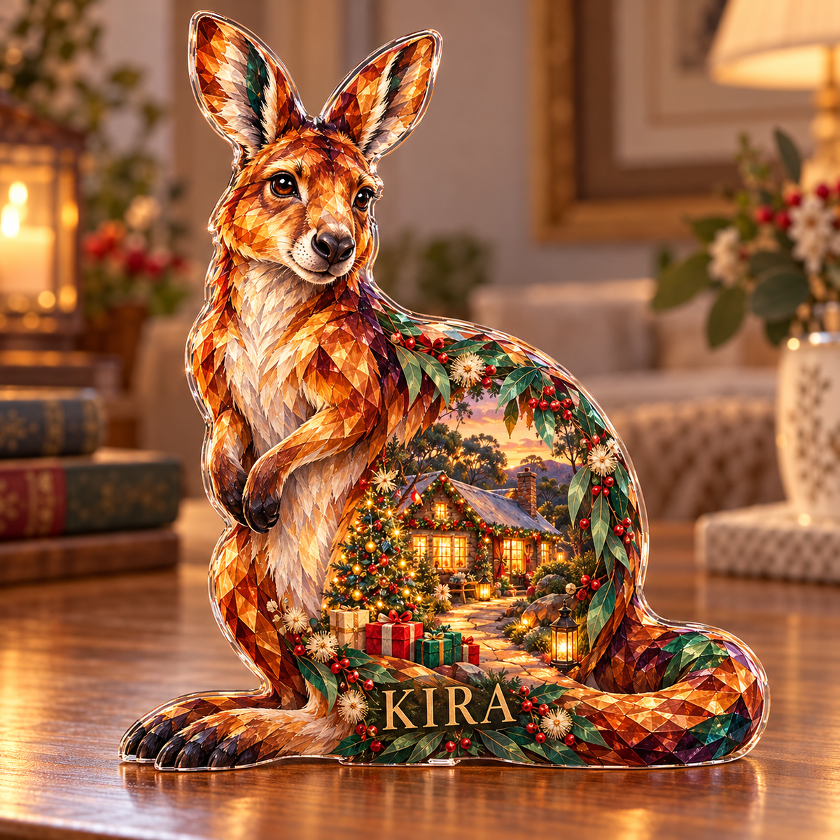 Front-view digital preview of a Christmas amber kangaroo acrylic plaque with example name KIRA integrated into the lowest haunch foliage facets
