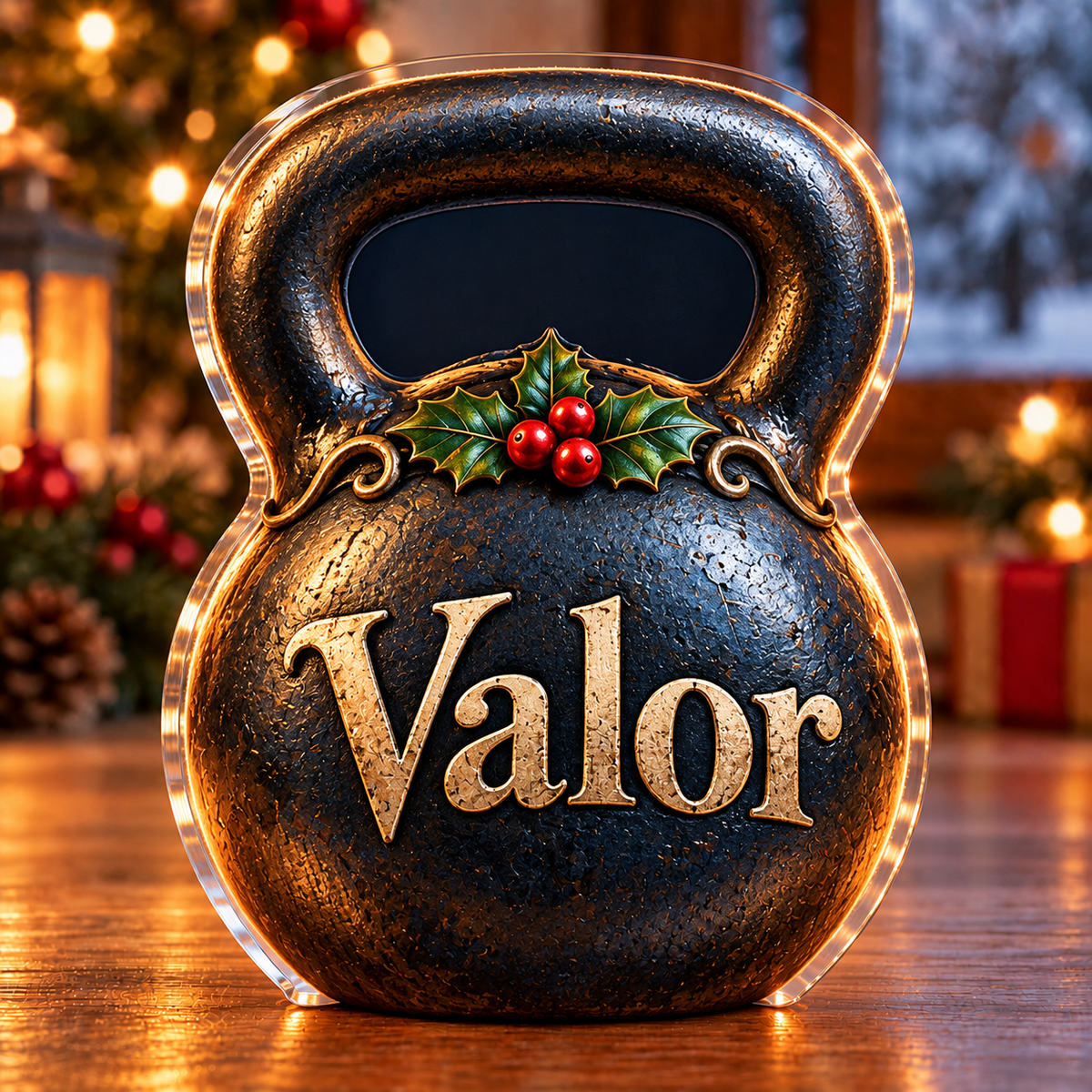 Front-view digital preview of a Christmas kettlebell strength acrylic plaque with example name Valor integrated into the the illustrated front kettlebell name detail