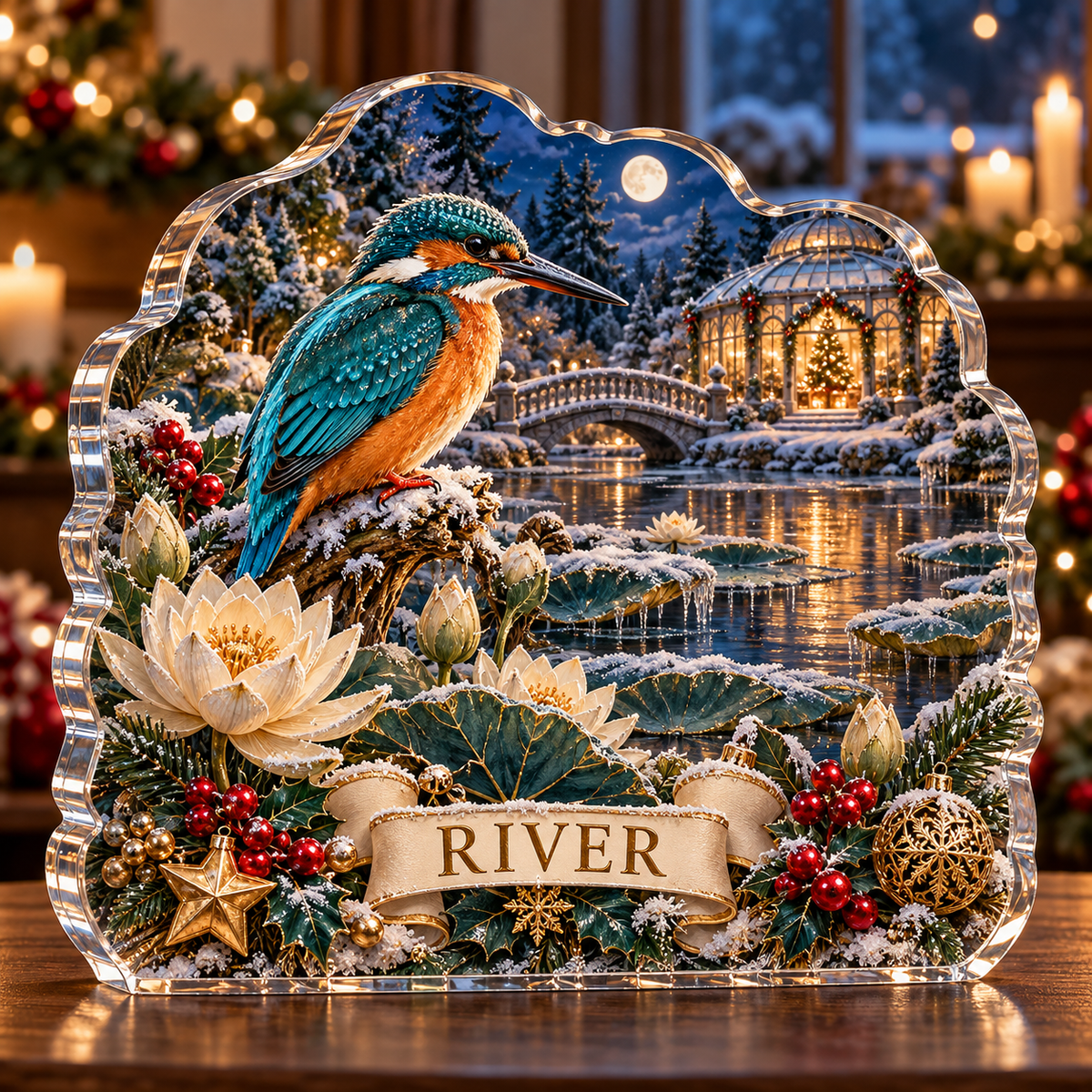 Front-view digital preview of a personalized Christmas kingfisher frozen lotus acrylic plaque with example name RIVER