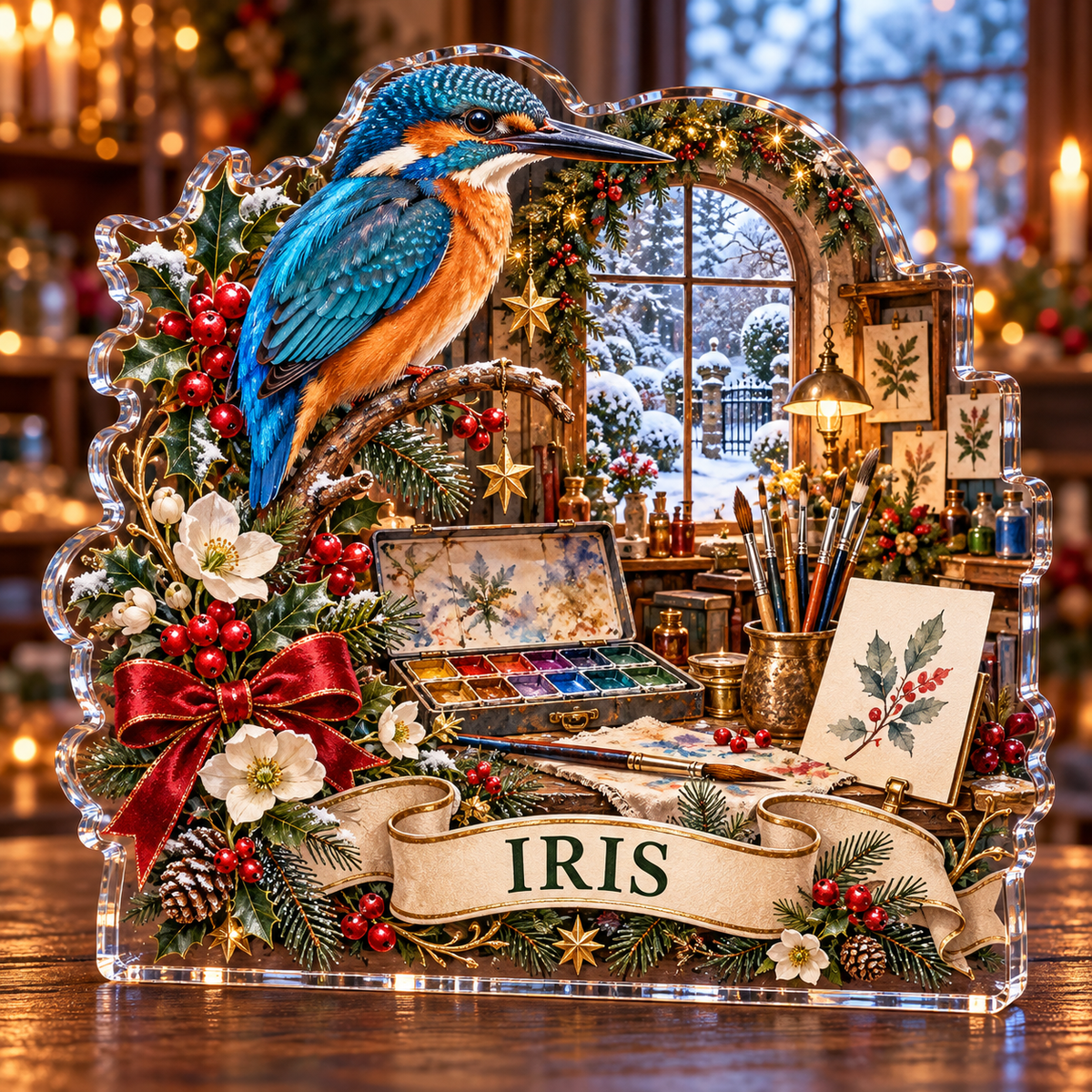 Front-view digital preview of a personalized Christmas kingfisher watercolor atelier acrylic plaque with example name IRIS