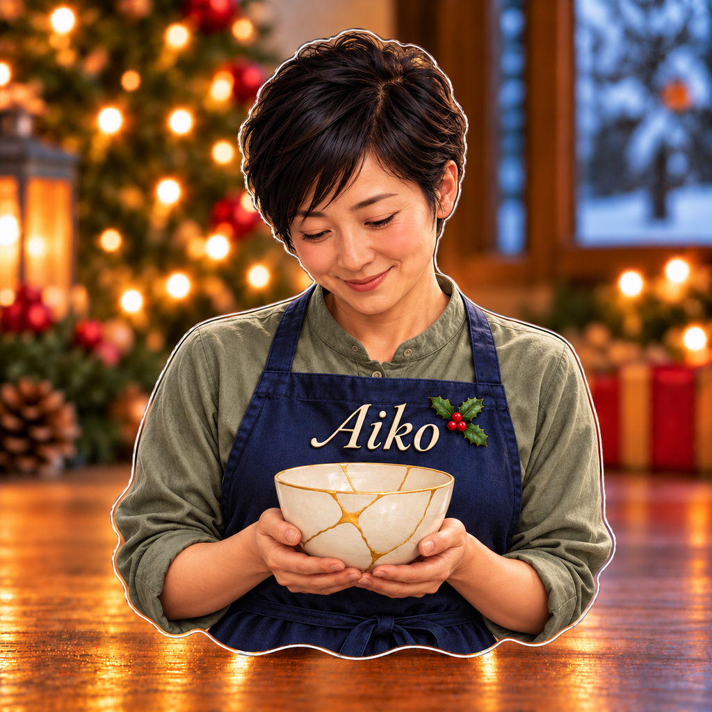 Front-view digital preview of a Christmas kintsugi artist golden seams acrylic plaque with example name Aiko integrated into the work apron chest