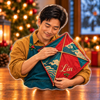 Front-view digital preview of a Christmas kite maker fabric wish acrylic plaque with example name Lin integrated into the kite fabric panel