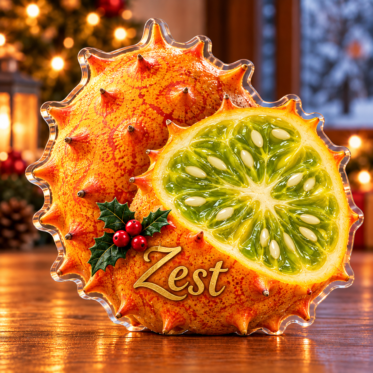 Front-view digital preview of a Christmas kiwano bright wonder acrylic plaque with example name Zest integrated into the the illustrated lower orange rind name detail