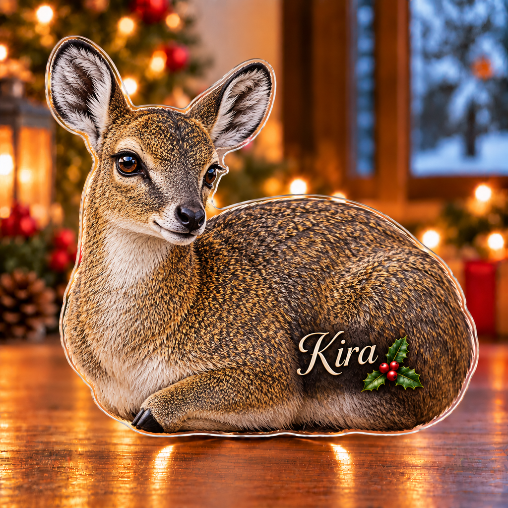 Front-view digital preview of a Christmas klipspringer quiet poise acrylic plaque with example name Kira integrated into the lower shoulder fur