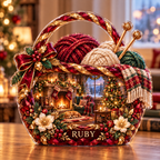 Front-view digital preview of a Christmas knitting basket ruby hearth acrylic plaque with example name Ruby integrated into the lower basket floral detail