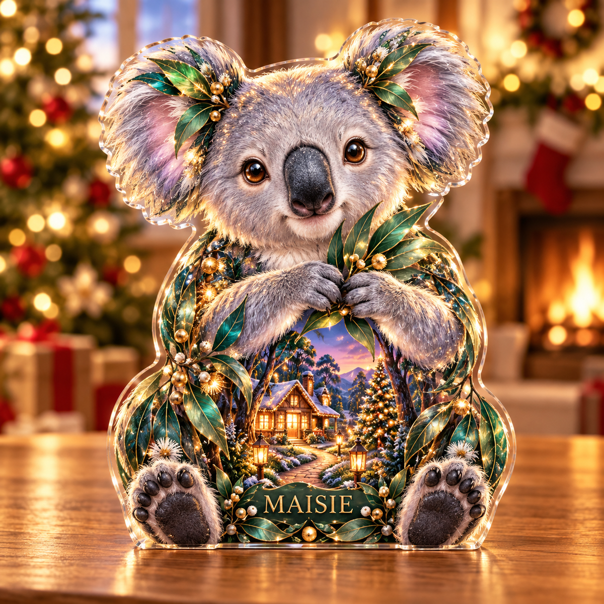 Front-view digital preview of a Christmas koala opal eucalyptus acrylic plaque with example name Maisie integrated into the lower intrinsic koala botanical detail