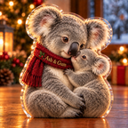 Front-view digital preview of a Christmas koala family hug acrylic plaque with example name Ash & Gum integrated into the the illustrated front scarf name stitching