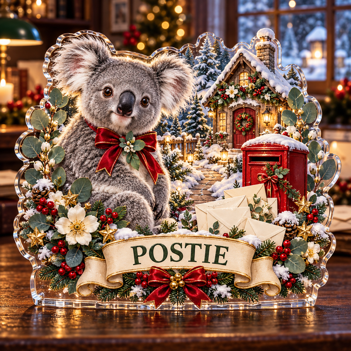 Personalized Christmas Koala Post Office custom shape acrylic plaque, POSTIE sample name, frontal printed 3D-look preview