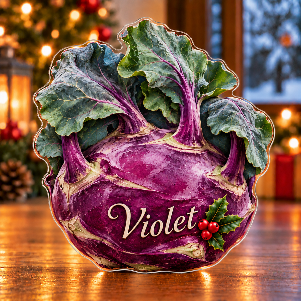 Front-view digital preview of a Christmas kohlrabi purple harvest acrylic plaque with example name Violet integrated into the lower purple stem