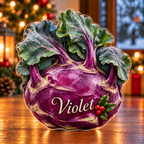 Front-view digital preview of a Christmas kohlrabi purple harvest acrylic plaque with example name Violet integrated into the lower purple stem
