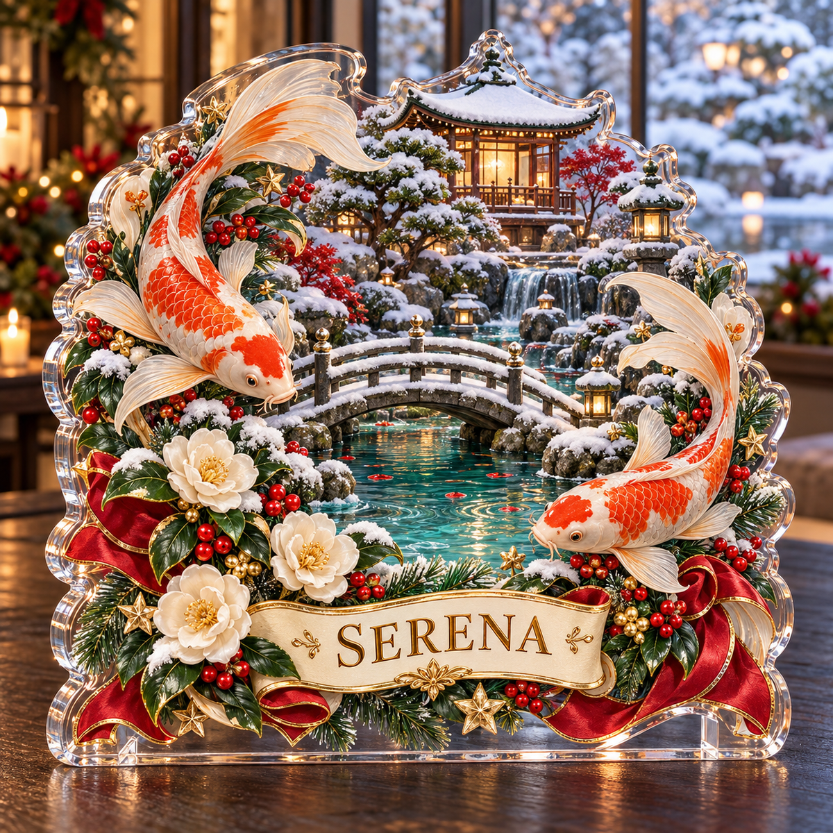 Front-view digital preview of a personalized Christmas koi camellia bridge acrylic plaque with example name SERENA
