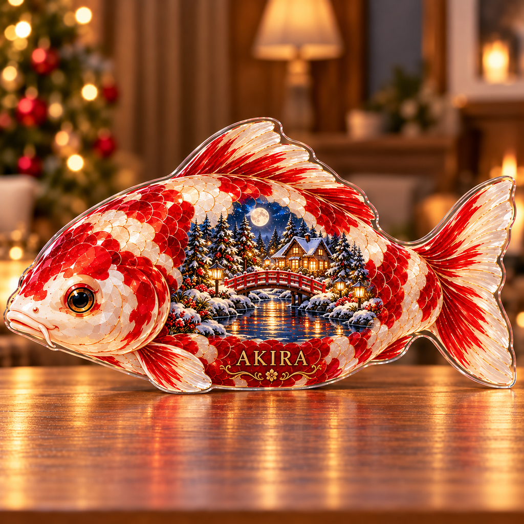 Front-view digital preview of a Christmas koi ruby moonbridge acrylic plaque with example name Akira integrated into the lowest intrinsic belly facets