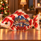 Front-view digital preview of a Christmas koi ruby moonbridge acrylic plaque with example name Akira integrated into the lowest intrinsic belly facets